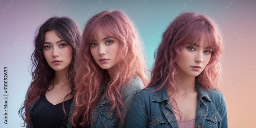 Group of elegant people. Fashion portrait of three fashion models girls posing in studio with jeanes jackets. Attractive young vogue women. Stylish casual clothes. Generative AI Group of elegant people. Fashion portrait of three fashion models girls posing in studio with jeanes jackets. Attractive young vogue women. Stylish casual clothes. Generative AI