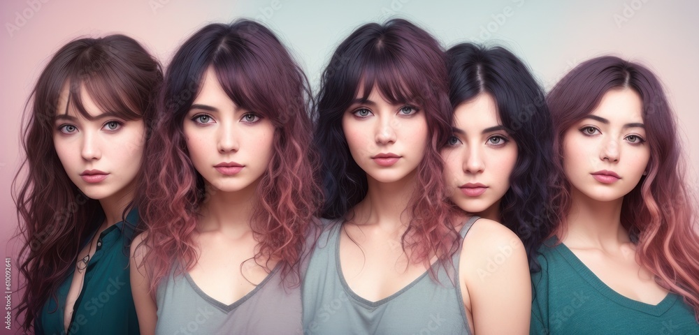 Group of women in casual summer wear. Portrait of five happy confident beautiful multiethnic young friends in comfortable everyday clothes posing in studio. Fashion concept. Generative AI Group of women in casual summer wear. Portrait of five happy confident beautiful multiethnic young friends in comfortable everyday clothes posing in studio. Fashion concept. Generative AI