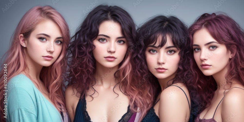Studio portrait of a group of four young beautiful model smiling and looking at camera. Consumer concept, summer fashion, attractive young women. Casual fashion concept. Generative AI