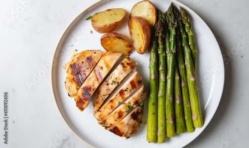  a white plate topped with chicken, asparagus, potatoes and a side of asparagus on a white table top with a marble surface.  generative ai