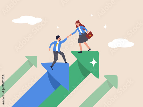 Leadership or support to grow business or career. Business mentor, coaching or consult to help success, advice and trust to help improve, businessman mentor help coworker to climb growth arrow chart.