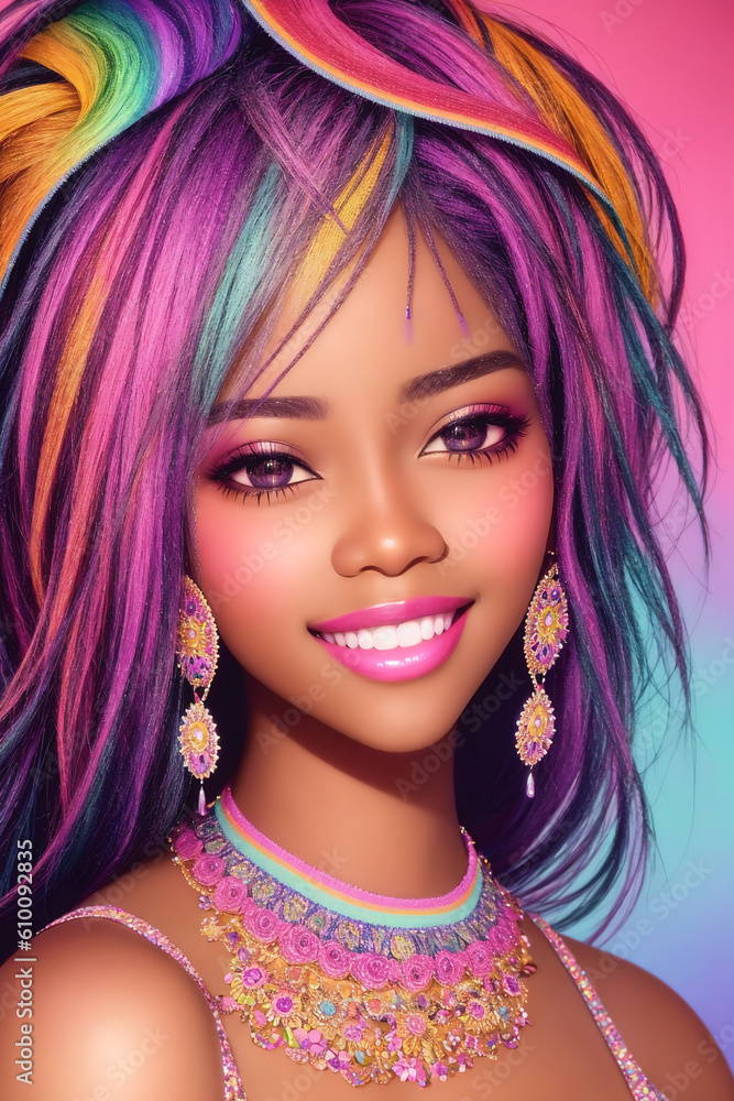 Beautiful African American girl with multicolored hair. Generative AI.