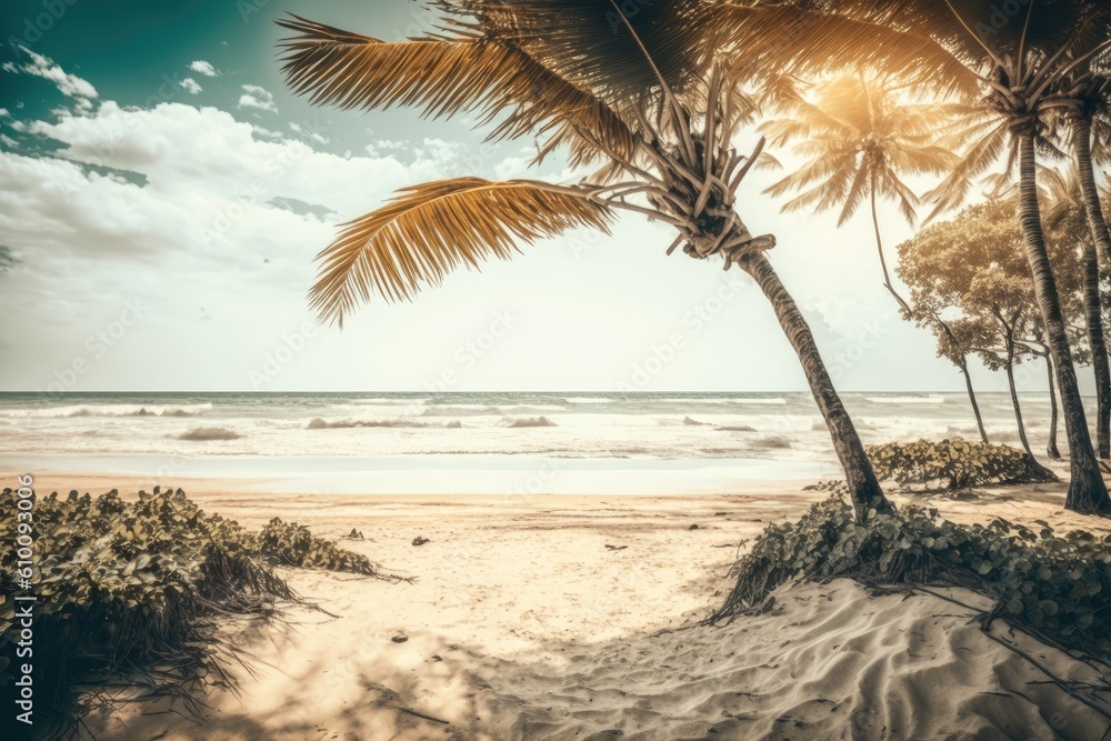 Summer sandy beach with hazy palms and waves in the background. Generative AI