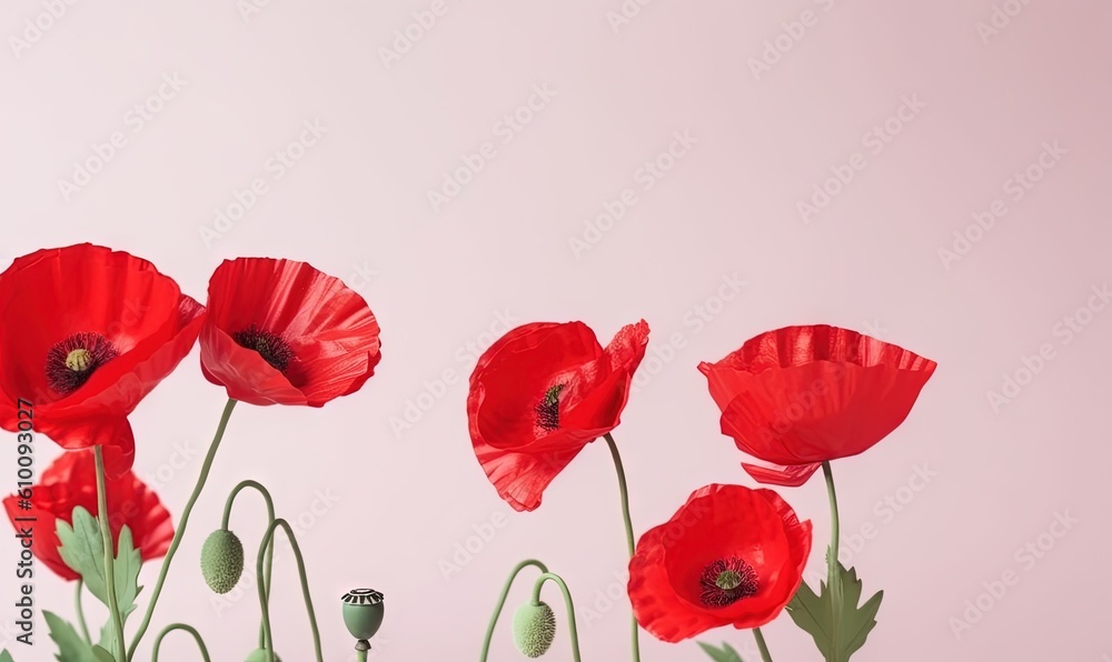 Fototapeta premium a group of red flowers on a pink background with a green stem and stem sprouts in the center of the picture, with a pink background. generative ai