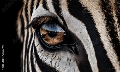  a close up of a zebra s eye with a reflection of trees in the eye of the zebra s eye lens  with a black background.  generative ai