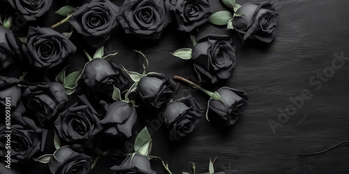 Top view of black roses lying on a black wooden background surface. Copy space for text. Creative gothic luxury banner template. Bouquet of black roses. Generative AI professional photo imitation.