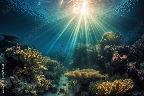 captivating image of sunburst patterns in a stunning underwater world teeming with marine life, generative ai