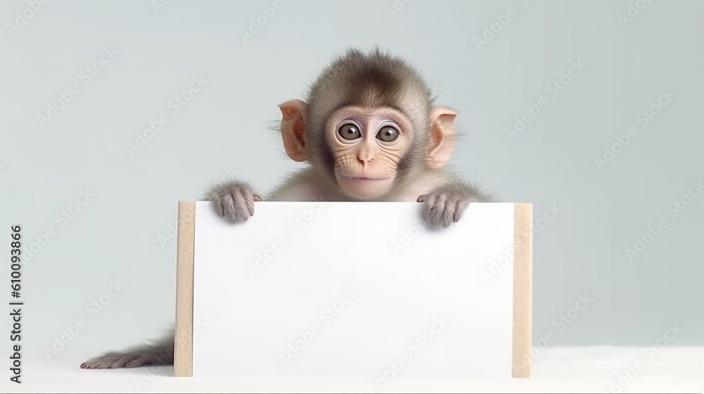 The monkey holds a banner in his hand. Generative AI The monkey holds a banner in his hand. Generative AI