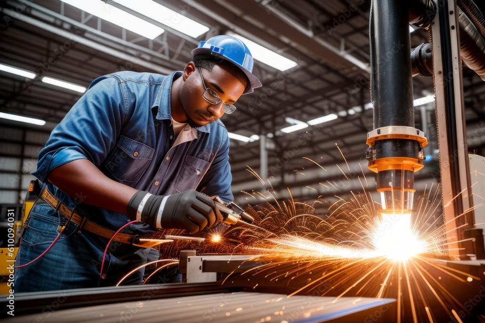 African mechanical engineer working for maintenance or repairing robotic welding machine in factory. Maintenance and repairing work in modern industry concept. Generative AI African mechanical engineer working for maintenance or repairing robotic welding machine in factory. Maintenance and repairing work in modern industry concept. Generative AI