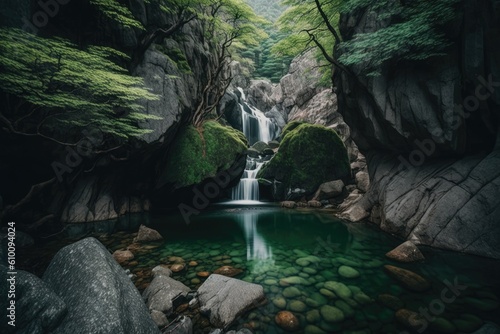 with the summer, a waterfall and stone covered with green moss may be seen in South Koreas Jangjeon Valley of Gariwangsan Mountain. Generative AI