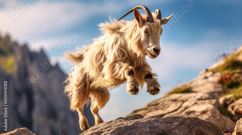 The goat jumps on the rocks in the mountains. Generative AI