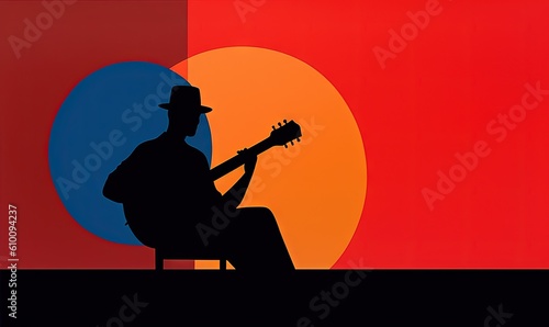  a man sitting in a chair with a guitar in front of a red  blue  and orange background with a sun setting behind him.  generative ai