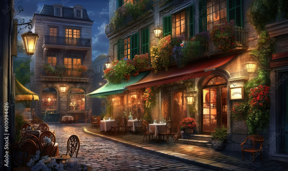  a painting of a street at night with tables and chairs outside of a restaurant with a green awning over the restaurant's windows.  generative ai