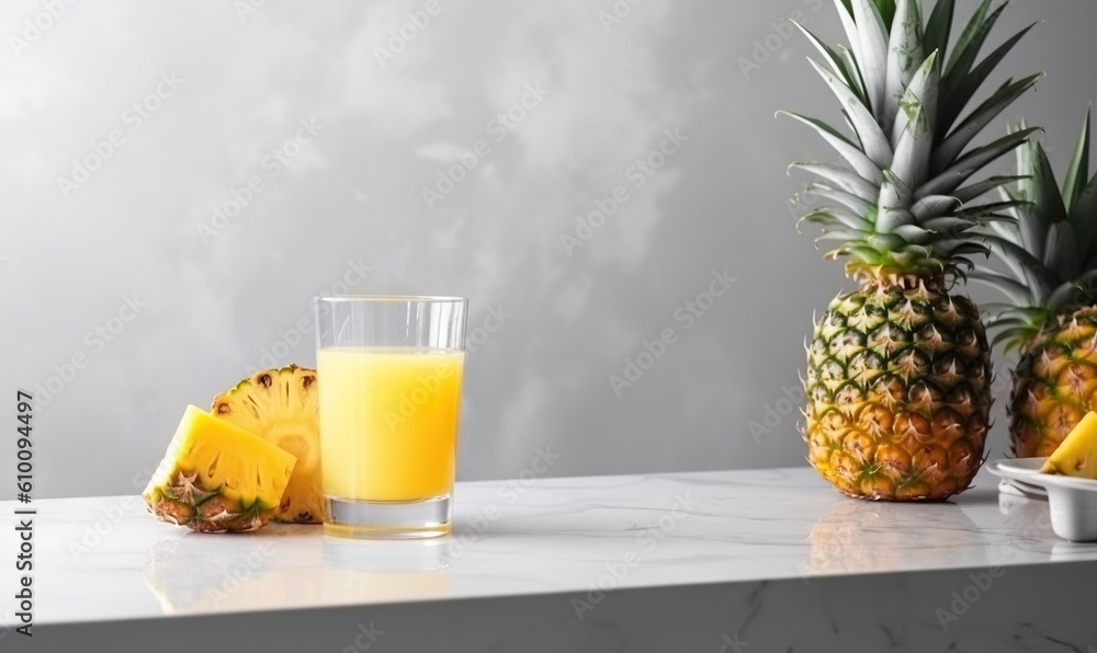 a pineapple and a glass of orange juice on a marble countertop with a marble wall in the background and a plate of sliced pineapples on the side. generative ai a pineapple and a glass of orange juice on a marble countertop with a marble wall in the background and a plate of sliced pineapples on the side. generative ai