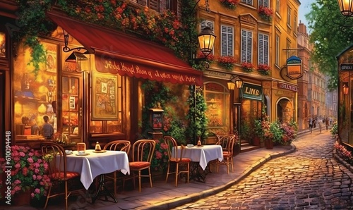  a painting of a restaurant with tables and chairs on a cobblestone street in a european city at night with lights on the windows.  generative ai