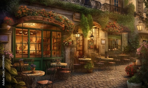  a painting of a restaurant with tables  chairs and flowers on the outside of the building and outside of the restaurant with tables and chairs on the outside of the outside.  generative ai
