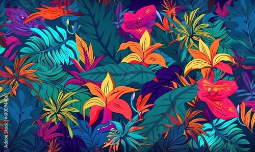  a bunch of colorful flowers on a dark background with leaves and flowers in the middle of the image  with a dark background with a blue sky.  generative ai