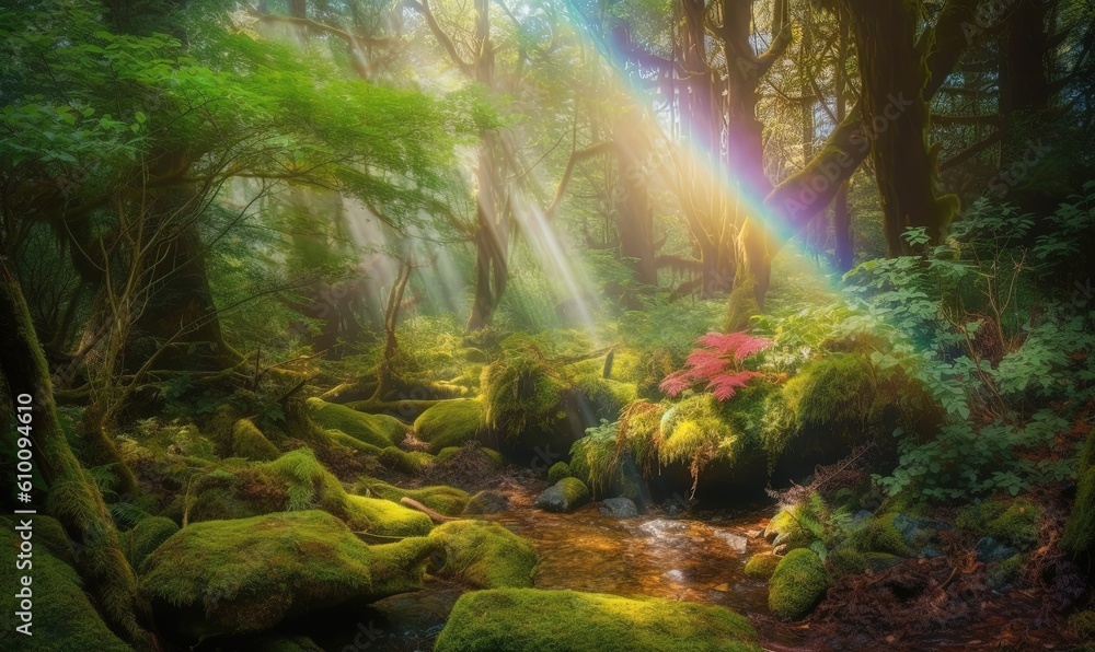 a painting of a stream in a forest with sunlight coming through the trees and a rainbow in the sky over the rocks and mossy ground. generative ai a painting of a stream in a forest with sunlight coming through the trees and a rainbow in the sky over the rocks and mossy ground. generative ai