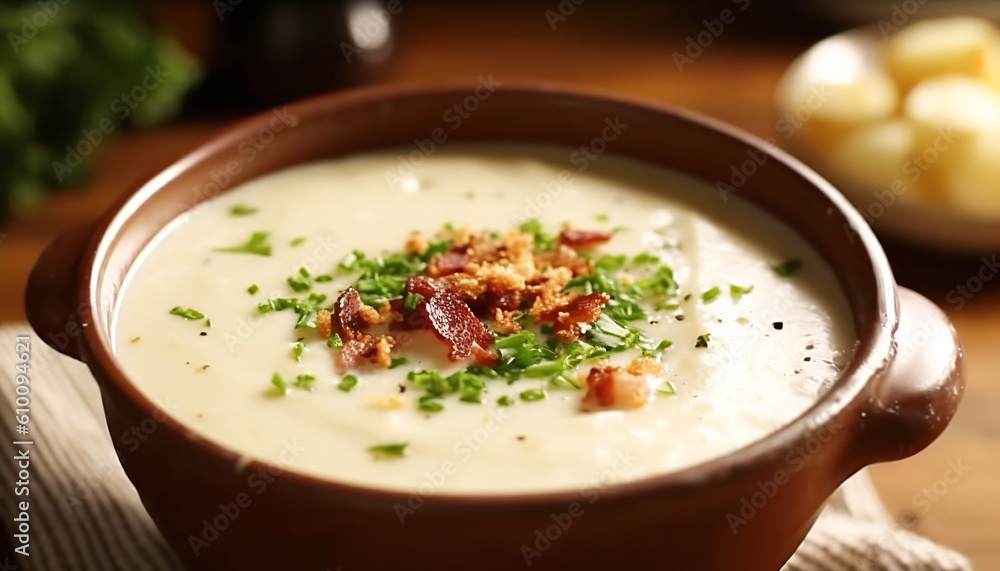 Hot potato soup with bacon and fresh spices perfect for the winter. Generative IA. Hot potato soup with bacon and fresh spices perfect for the winter. Generative IA.