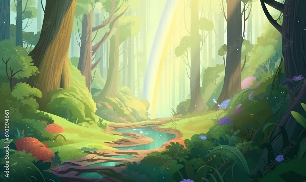  a painting of a forest with a stream running through the middle of the forest, and a rainbow in the sky above the trees and below.  generative ai