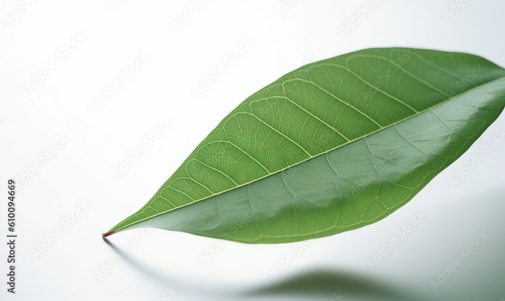 Obraz premium a green leaf is shown on a white background with a shadow of the leaf on the left side of the image and the top of the leaf on the right side of the left. generative ai