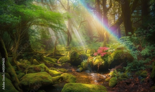  a painting of a stream in a forest with sunlight coming through the trees and a rainbow in the sky over the rocks and mossy ground. generative ai
