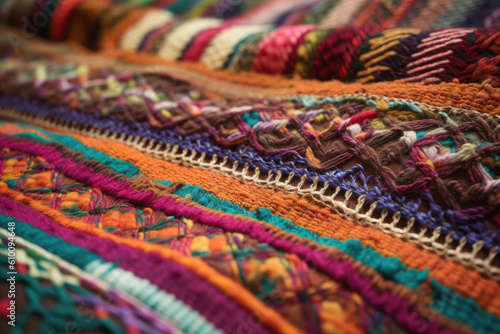 Close-up of colorful woven fabric with intricate patterns and textures, generative ai