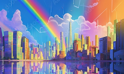  a painting of a city with a rainbow in the sky and a rainbow in the sky over the water and buildings and clouds reflected in the water.  generative ai