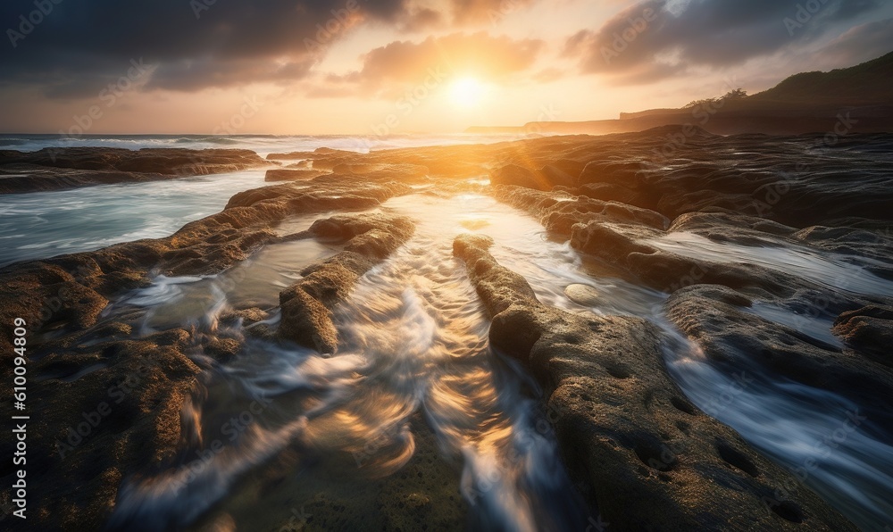  the sun is setting over the ocean with waves crashing on the rocks and the rocks are covered in sand and rocks and the water is moving in the foreground.  generative ai