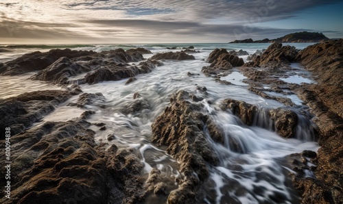  a rocky beach with waves coming in and out of the rocks on the shore under a cloudy sky with a small island in the distance. generative ai