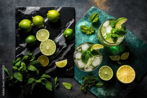 Mojitos with lime and mint are a popular summer drink. In the top view, copy space. Generative AI