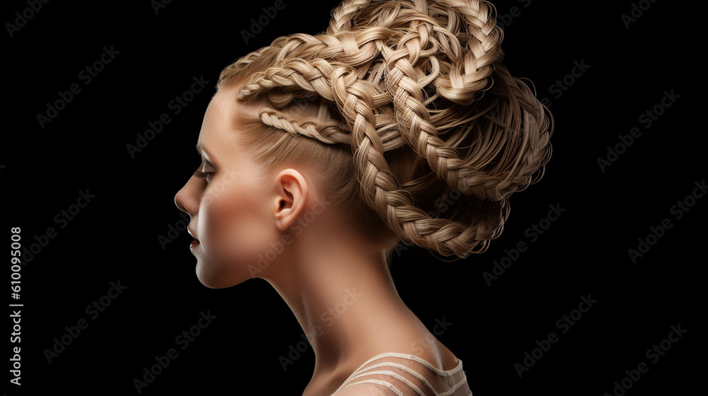 Fototapeta premium A gravity-defying braided updo with intricate patterns and architectural precision Generative AI