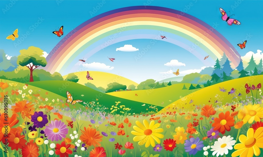  a rainbow in the sky above a field of flowers and butterflies with a rainbow in the background of the picture and a rainbow in the sky.  generative ai