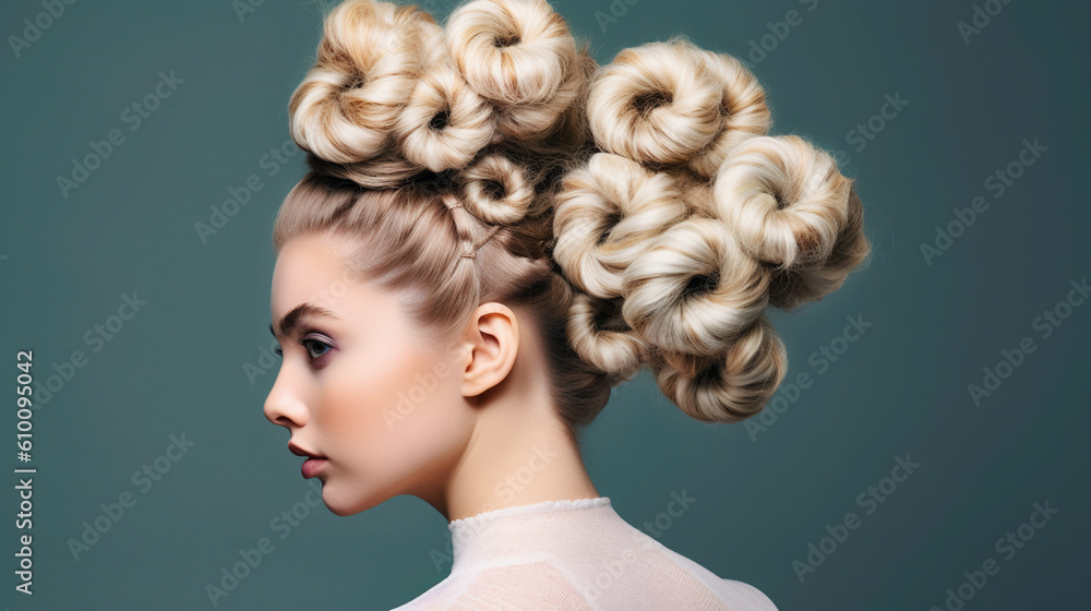 A playful and whimsical hairstyle featuring intricate twisted buns and wispy strands Generative AI - obrazy, fototapety, plakaty 