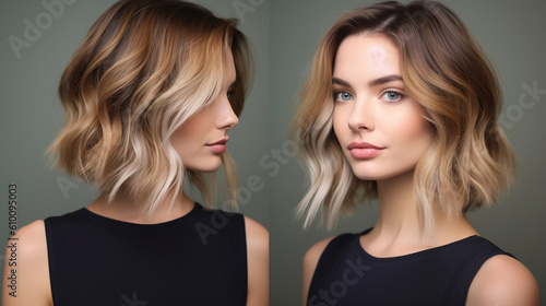 A chic and modern lob (long bob) styled with textured waves and subtle highlights Generative AI