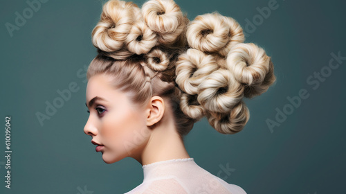 A playful and whimsical hairstyle featuring intricate twisted buns and wispy strands Generative AI