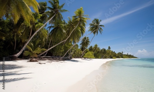  a sandy beach with palm trees and clear blue water on a sunny day in the tropics of the tropical island of arush.  generative ai