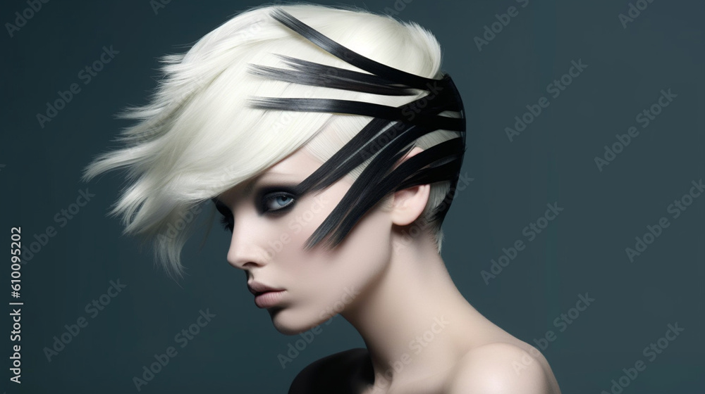 A daring and avant-garde hairstyle featuring asymmetrical lines and bold shapes Generative AI A daring and avant-garde hairstyle featuring asymmetrical lines and bold shapes Generative AI