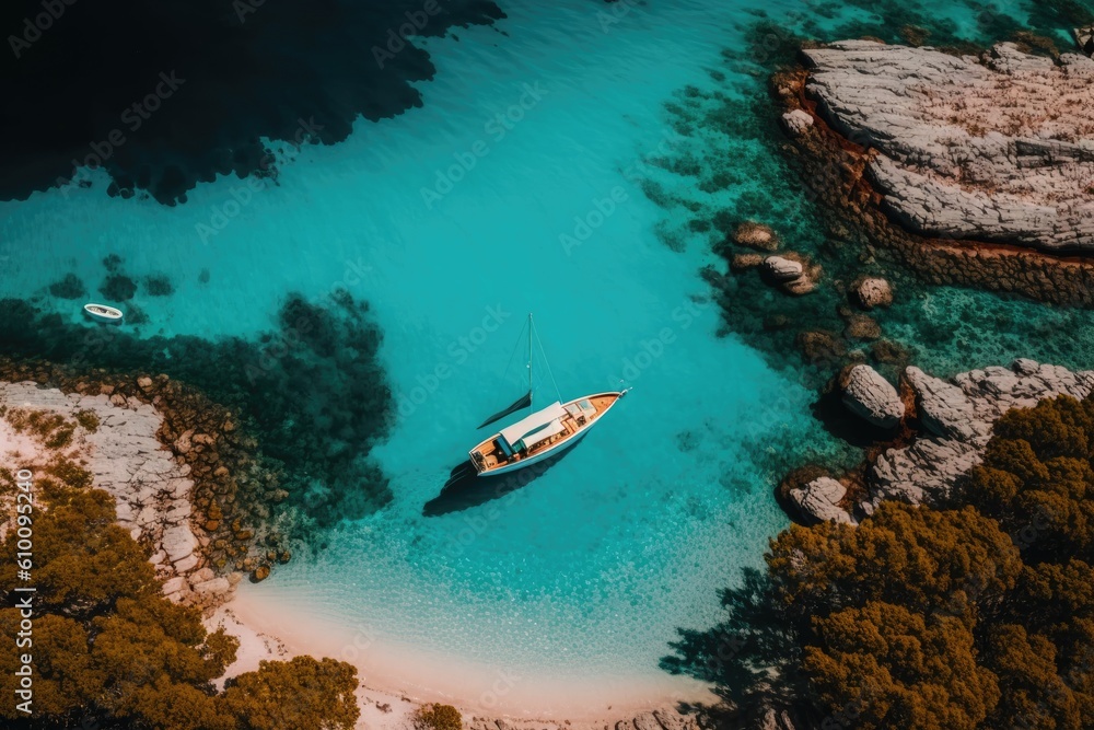 On the lagoon, there is a boat. Aerial view of a sea bay and a lone boat. Sea color is blue. vacations and travel. aerial picture of a rural area in the summer. Generative AI On the lagoon, there is a boat. Aerial view of a sea bay and a lone boat. Sea color is blue. vacations and travel. aerial picture of a rural area in the summer. Generative AI