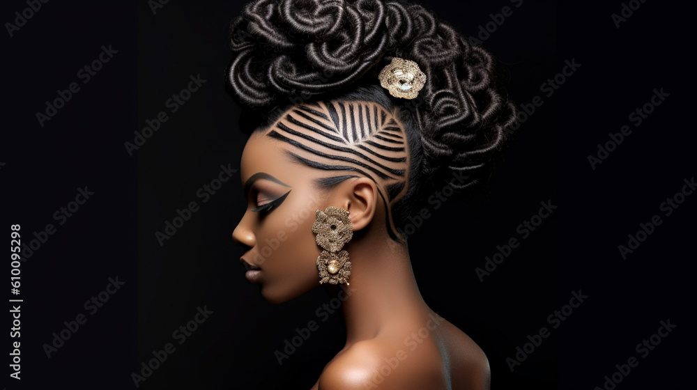 An artistic and intricate updo hairstyle with twists, braids, and hidden details Generative AI