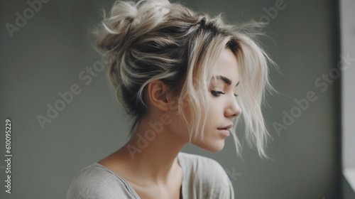 A trendy and effortless messy bun with loose strands for a relaxed yet stylish vibe Generative AI