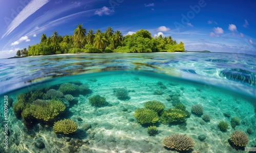  an underwater view of a tropical island with corals in the foreground and an island in the distance in the distance, with a blue sky and white clouds in the background. generative ai