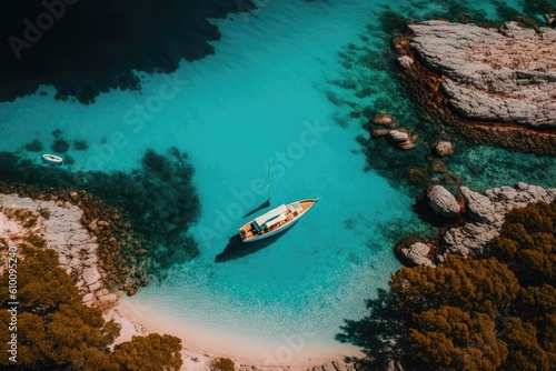 On the lagoon, there is a boat. Aerial view of a sea bay and a lone boat. Sea color is blue. vacations and travel. aerial picture of a rural area in the summer. Generative AI © 2rogan