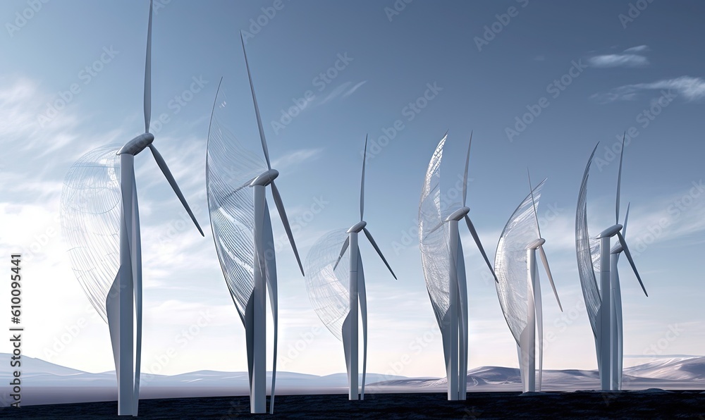  a group of wind turbines in a field with mountains in the background and a blue sky in the foreground with clouds in the background.  generative ai
