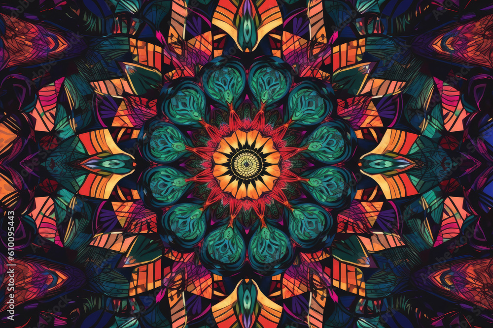 Colorful kaleidoscope pattern with intricate geometric shapes and vibrant hues, generative ai