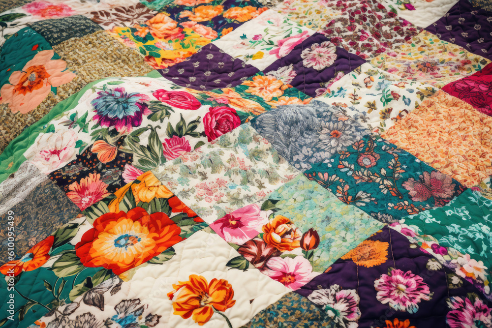 Colorful patchwork blanket with a variety of floral and nature-inspired prints, generative ai
