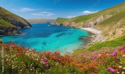  a beautiful blue body of water surrounded by green hills and a sandy beach with flowers growing on the shore of the water and a cliff on the other side of the water. generative ai