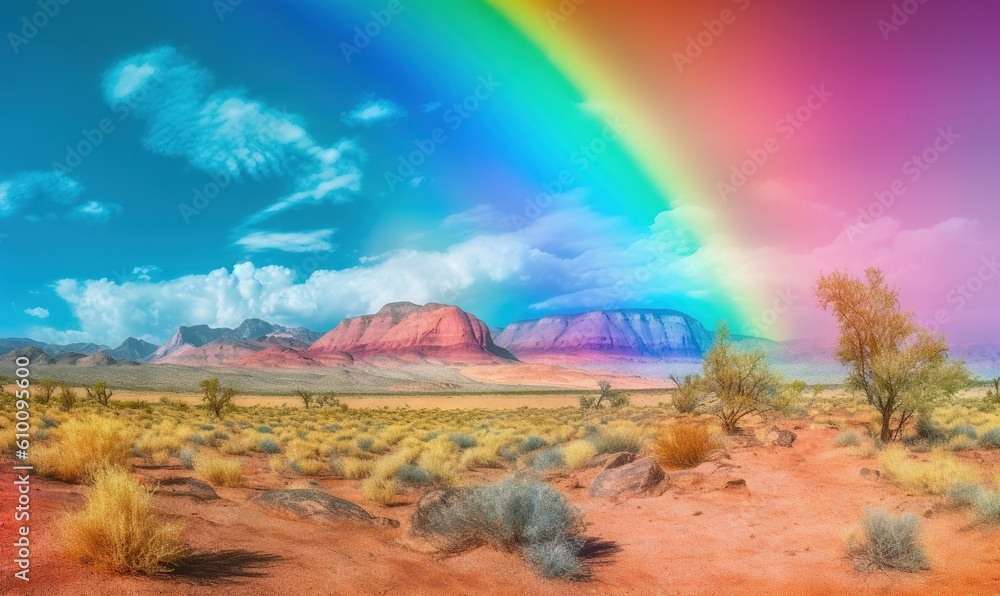  a rainbow over a desert landscape with a rainbow in the sky and a rainbow in the sky over the desert with a rainbow in the sky.  generative ai