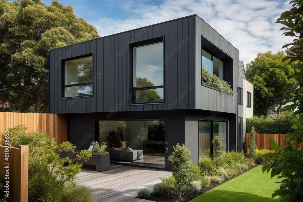 Exterior of a modern cozy house with large windows and lawn. Generative AI Exterior of a modern cozy house with large windows and lawn. Generative AI