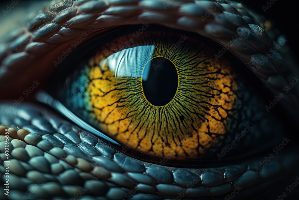 Obraz premium Close up of colourful lizard eye. A macro of a reptile multi colored eye. Generative AI